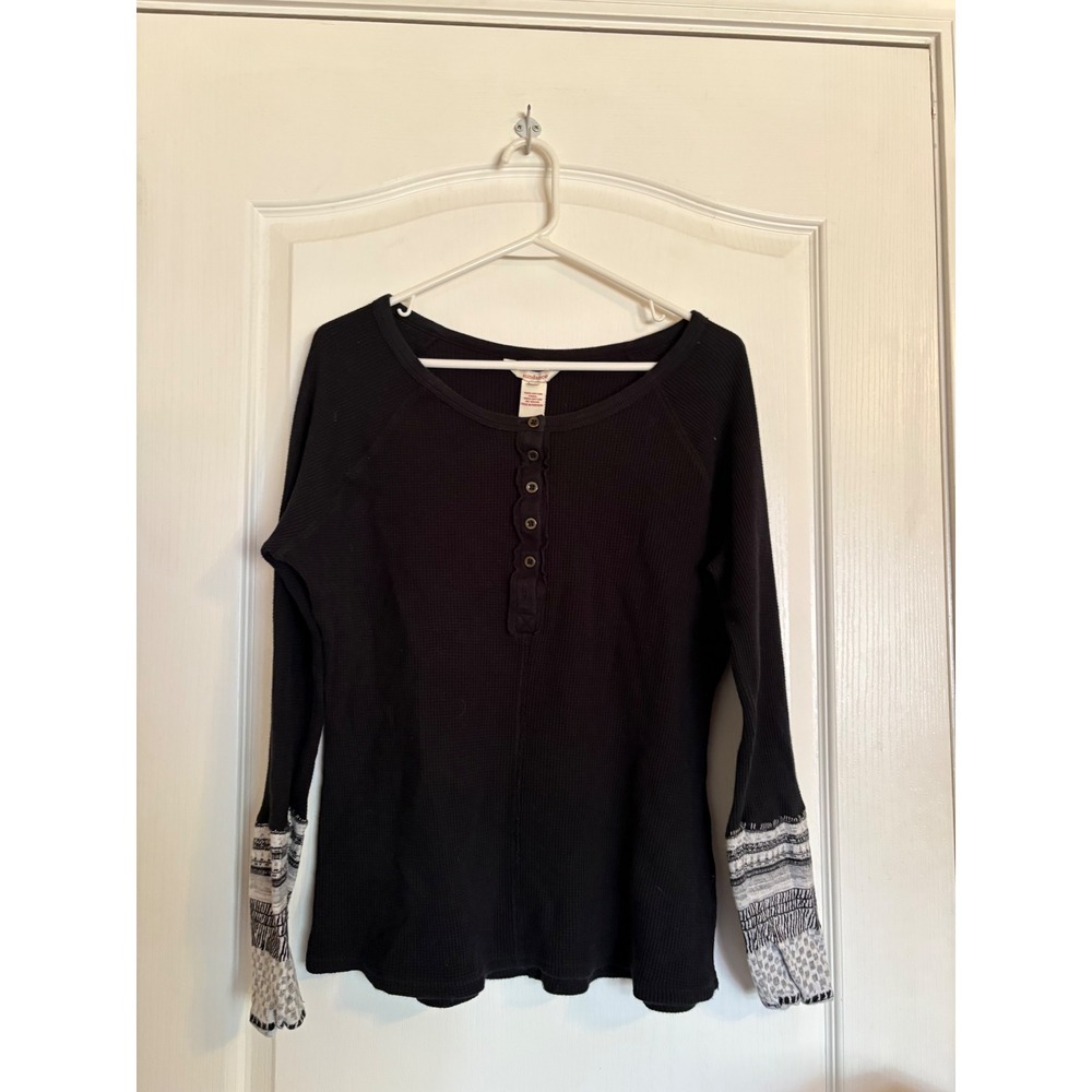 Sundance Henley Top Women XL Black Excellent Waffle Knit Patterned Cuffs